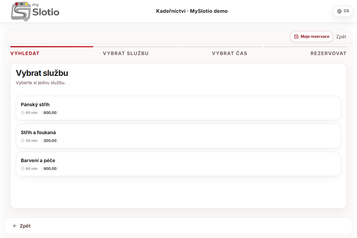 Ukázka online rezervace: Kadeřnictví